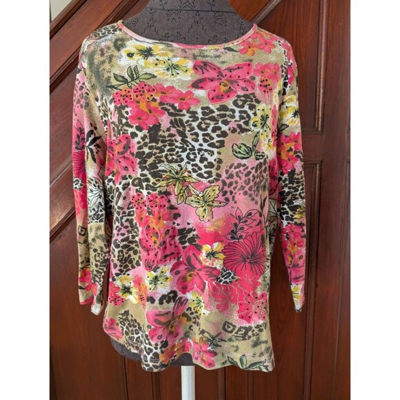 Laura Ashley Petite Floral & Leopard Print Long Sleeve Top Cotton PL - Picture 1 of 6